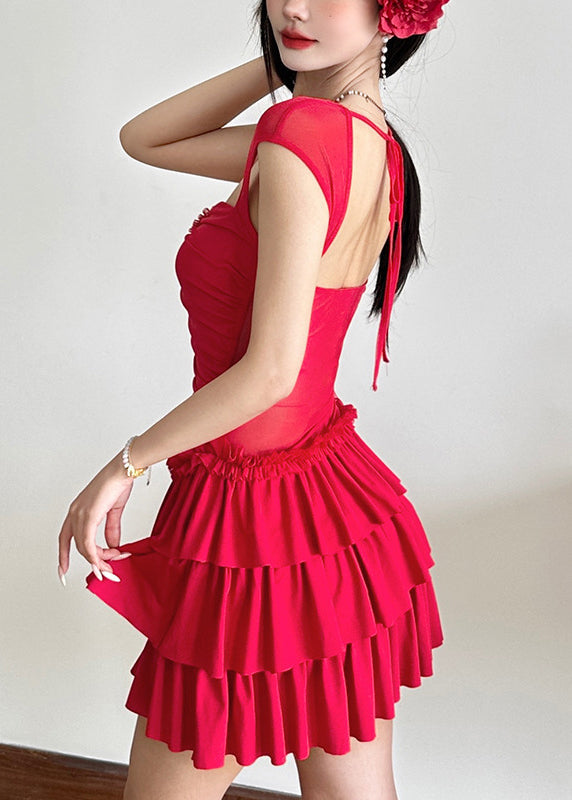 Red Ruffled Patchwork Mid Dresses Short Sleeve