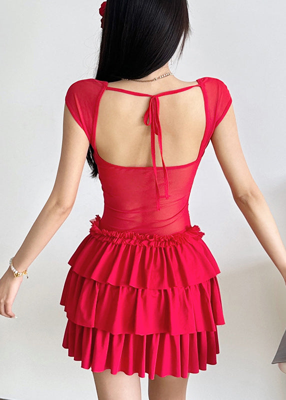 Red Ruffled Patchwork Mid Dresses Short Sleeve
