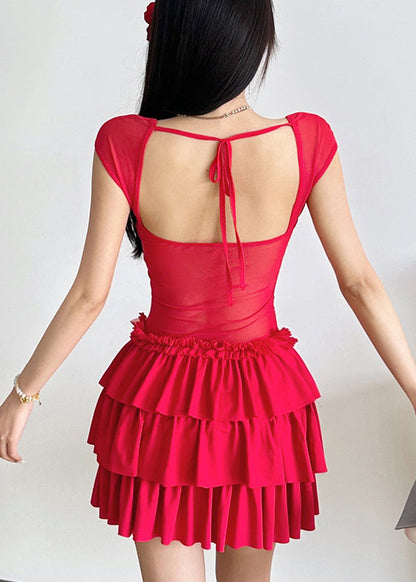 Red Ruffled Patchwork Mid Dresses Short Sleeve