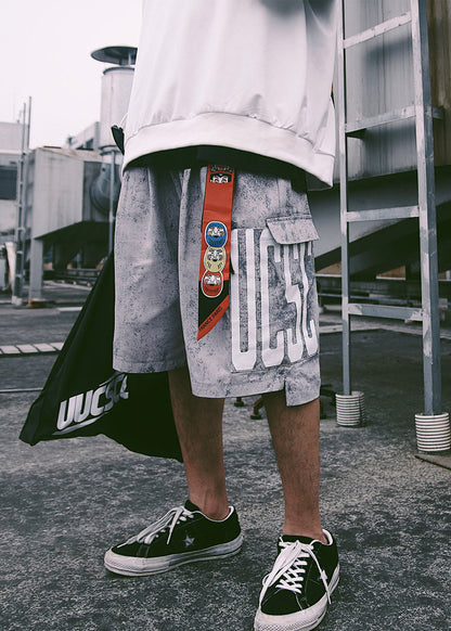 Retro Blue Print Pockets Elastic Waist Mens Shorts Summer