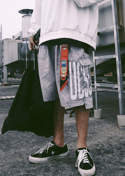 Retro Blue Print Pockets Elastic Waist Mens Shorts Summer