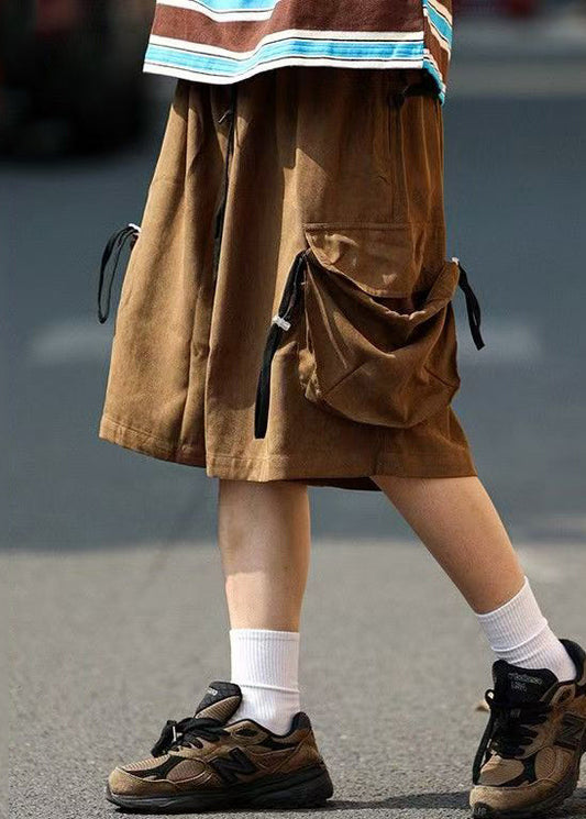 Retro Coffee Pockets Drawstring Cotton Mens Shorts Summer