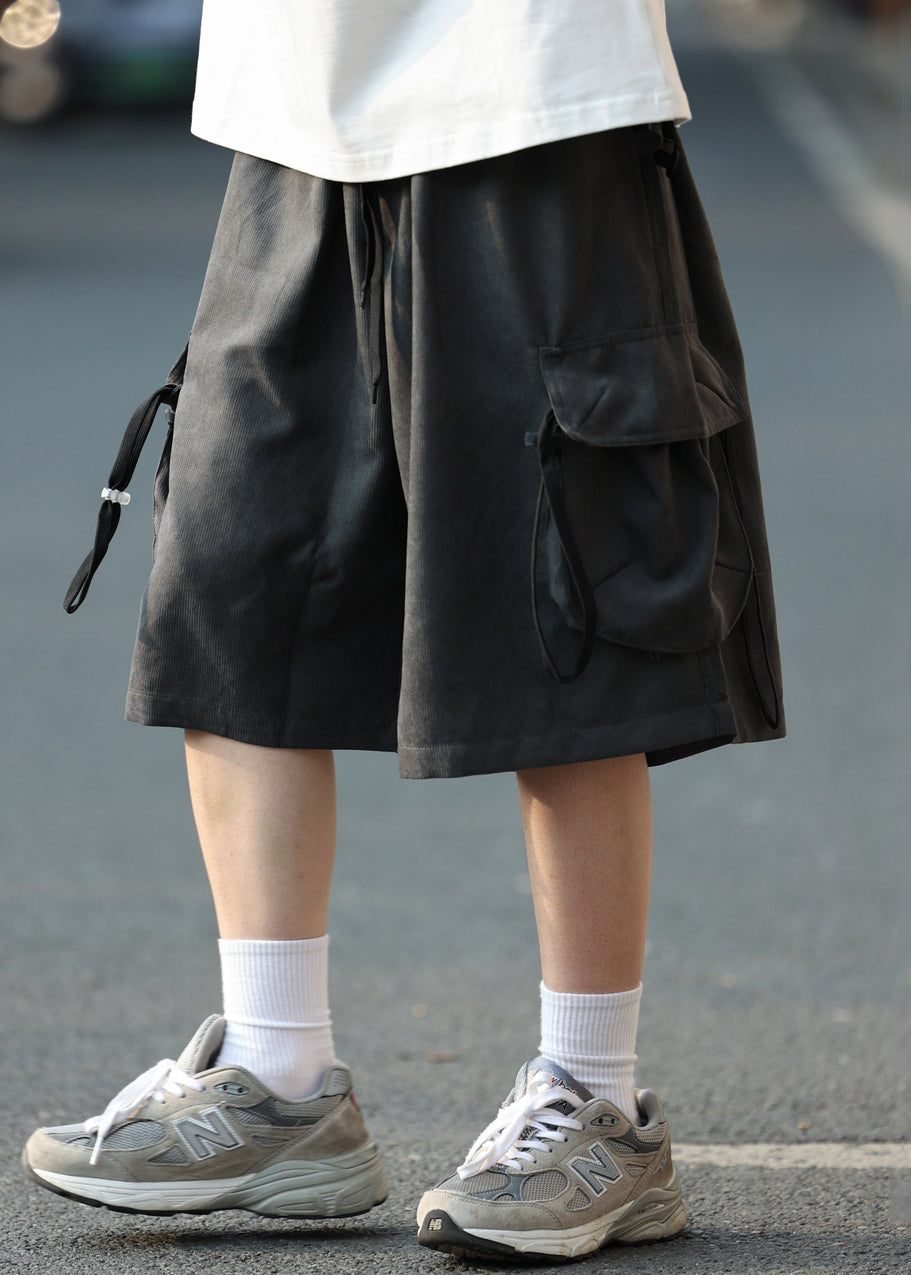 Retro Coffee Pockets Drawstring Cotton Mens Shorts Summer