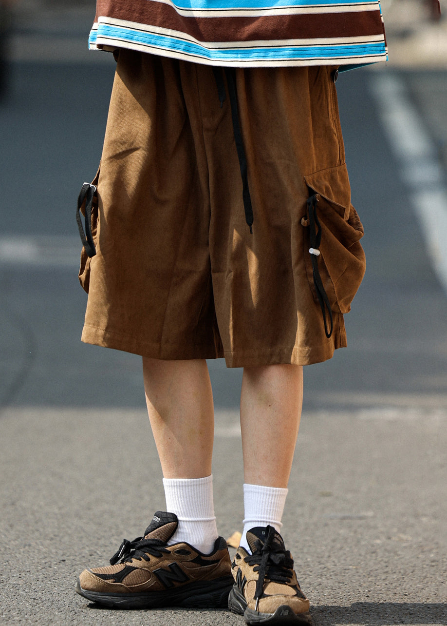 Retro Coffee Pockets Drawstring Cotton Mens Shorts Summer