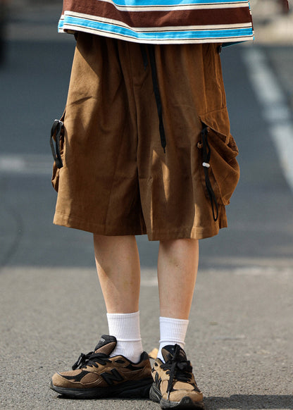 Retro Coffee Pockets Drawstring Cotton Mens Shorts Summer