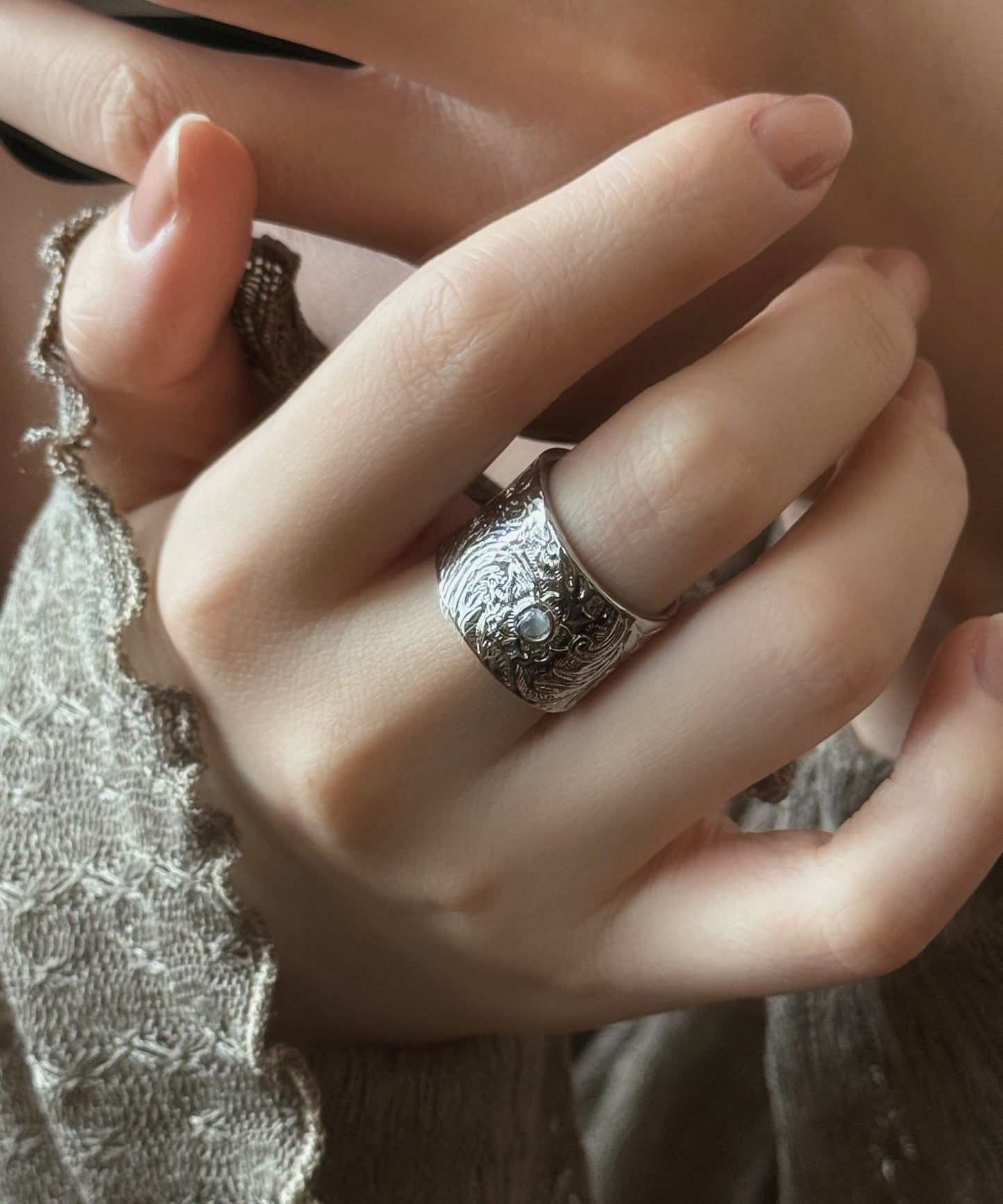 Silver Sterling Jade Rings Open Retro Silk