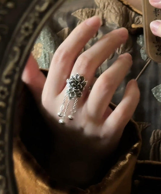 Sterling Rings Silk Silver Peony Retro Tassel