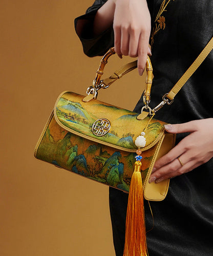 Bag Tote Tassel Yellow Decorated Retro Print Silk