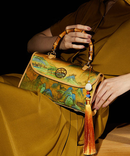 Bag Tote Tassel Yellow Decorated Retro Print Silk