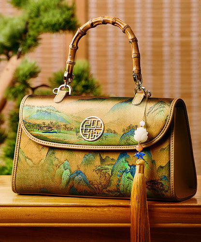 Bag Tote Tassel Yellow Decorated Retro Print Silk