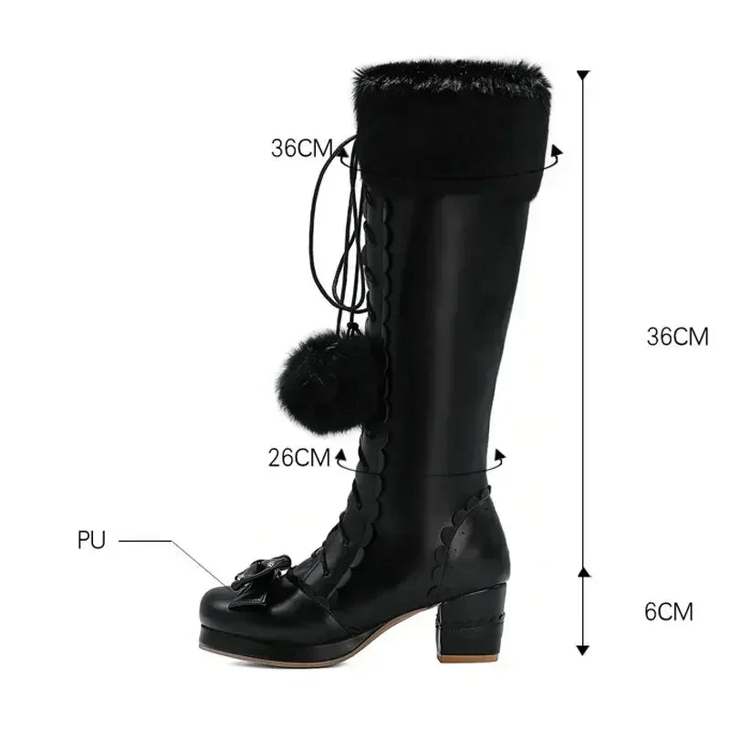 Warm High - Bowtie Boots Lolita Leather 33-45 Fur