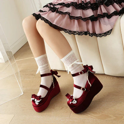 Bow 34-45 Shoes Sponge - Lace Flock Lolita Heels Cake Frosted