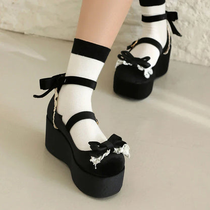 Bow 34-45 Shoes Sponge - Lace Flock Lolita Heels Cake Frosted