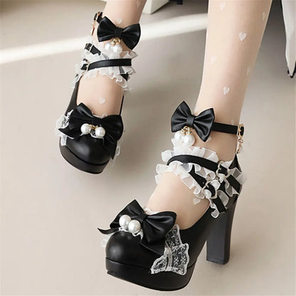 Head Round Shoes 33-43 Lace Pearl Heels - Lolita Bow