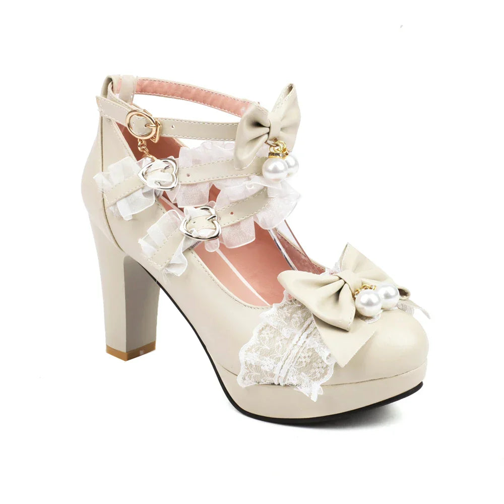 Head Round Shoes 33-43 Lace Pearl Heels - Lolita Bow