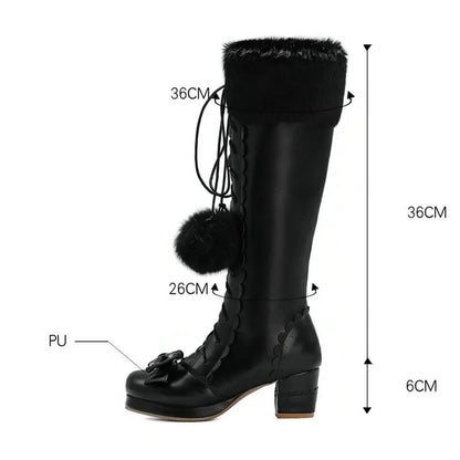 Warm High - Bowtie Boots Lolita Leather 33-45 Fur