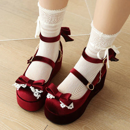 Bow 34-45 Shoes Sponge - Lace Flock Lolita Heels Cake Frosted