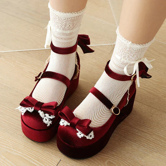 Bow 34-45 Shoes Sponge - Lace Flock Lolita Heels Cake Frosted