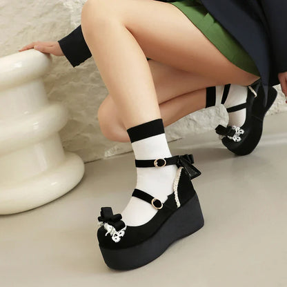 Bow 34-45 Shoes Sponge - Lace Flock Lolita Heels Cake Frosted