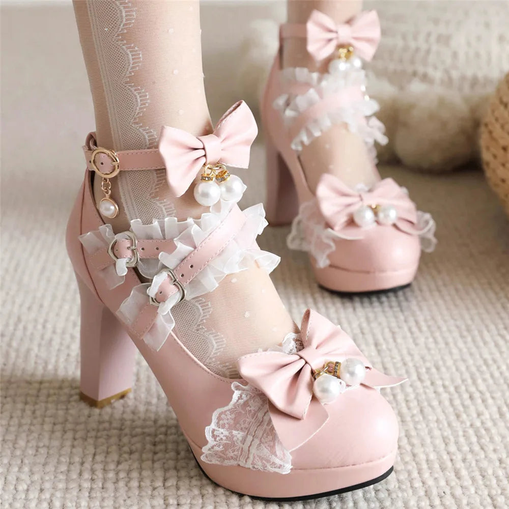 Head Round Shoes 33-43 Lace Pearl Heels - Lolita Bow