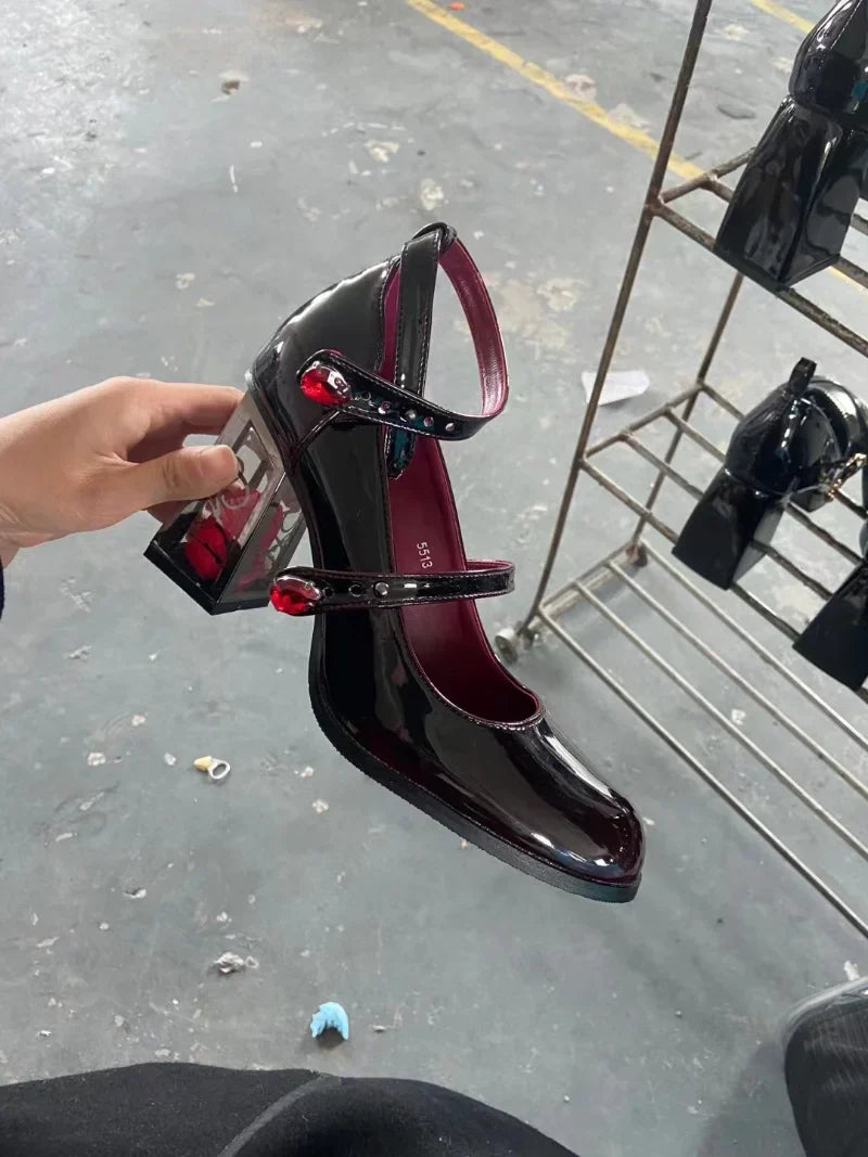 Elegant Red Wine Jane Block Heel Shoes - Mary 35-43 Rose