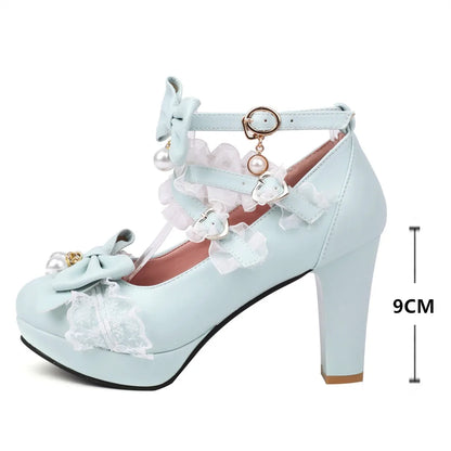 Head Round Shoes 33-43 Lace Pearl Heels - Lolita Bow