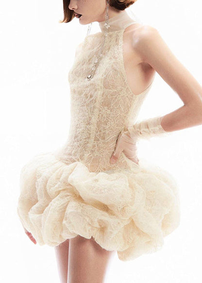 Sexy Apricot Turtleneck Patchwork Lace Mid Dress Sleeveless