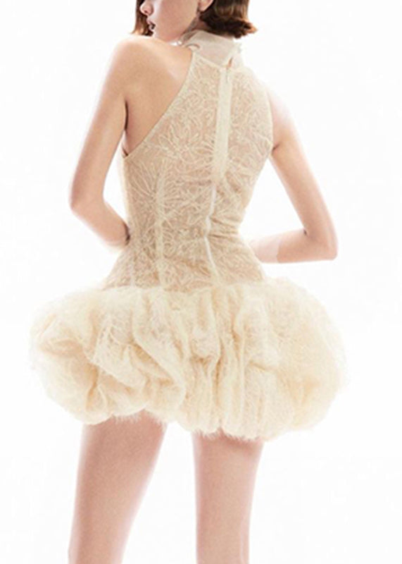 Sexy Apricot Turtleneck Patchwork Lace Mid Dress Sleeveless