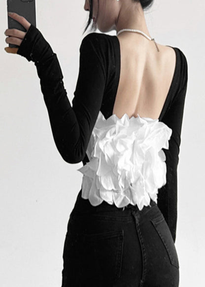 Sexy Black Patchwork Hollow Out Backless Top Fall