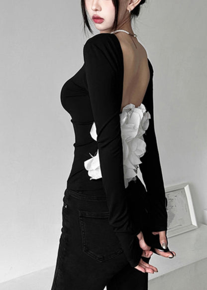 Sexy Black Patchwork Hollow Out Backless Top Fall