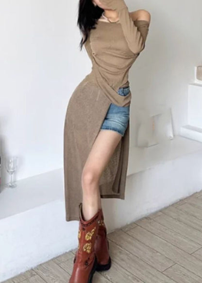 Sexy Brown One Shoulder Asymmetrical Side Open Silk Maxi Dresses Fall