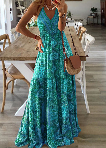 Dress Print Sleeveless Spaghetti Green Sexy Long Strap Neck V Holiday