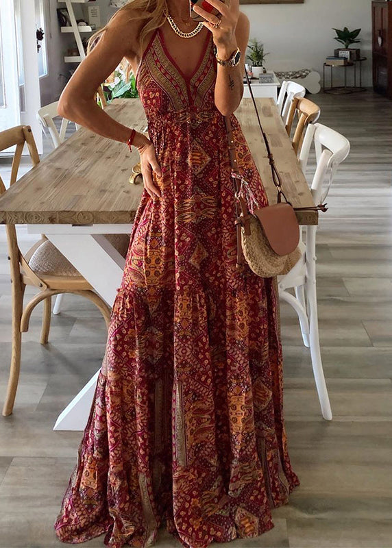 Dress Print Sleeveless Spaghetti Green Sexy Long Strap Neck V Holiday