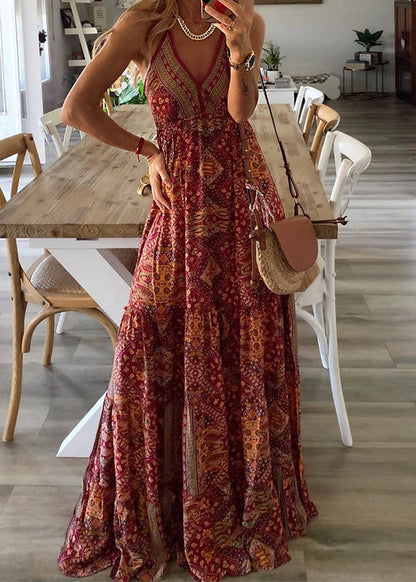 Dress Print Sleeveless Spaghetti Green Sexy Long Strap Neck V Holiday