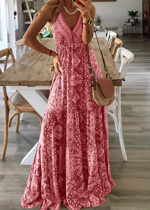 Dress Print Sleeveless Spaghetti Green Sexy Long Strap Neck V Holiday