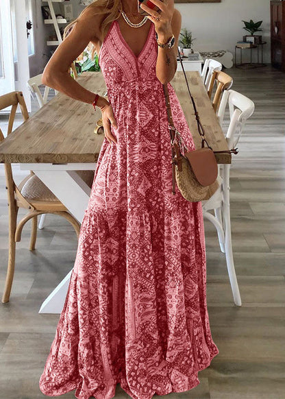 Dress Print Sleeveless Spaghetti Green Sexy Long Strap Neck V Holiday