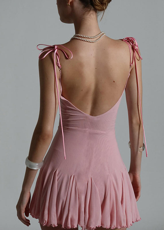 Sexy Pink Patchwork Tulle Mid Spaghetti Strap Dress Sleeveless
