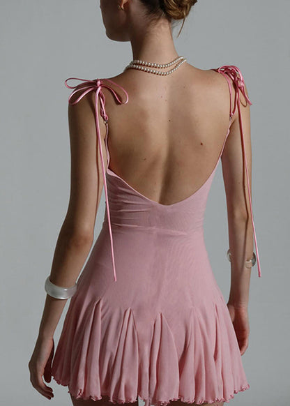 Sexy Pink Patchwork Tulle Mid Spaghetti Strap Dress Sleeveless