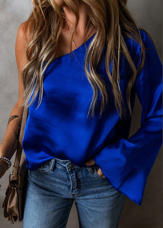 One Shoulder Asymmetrical Royal Sexy Fall Tops Blue