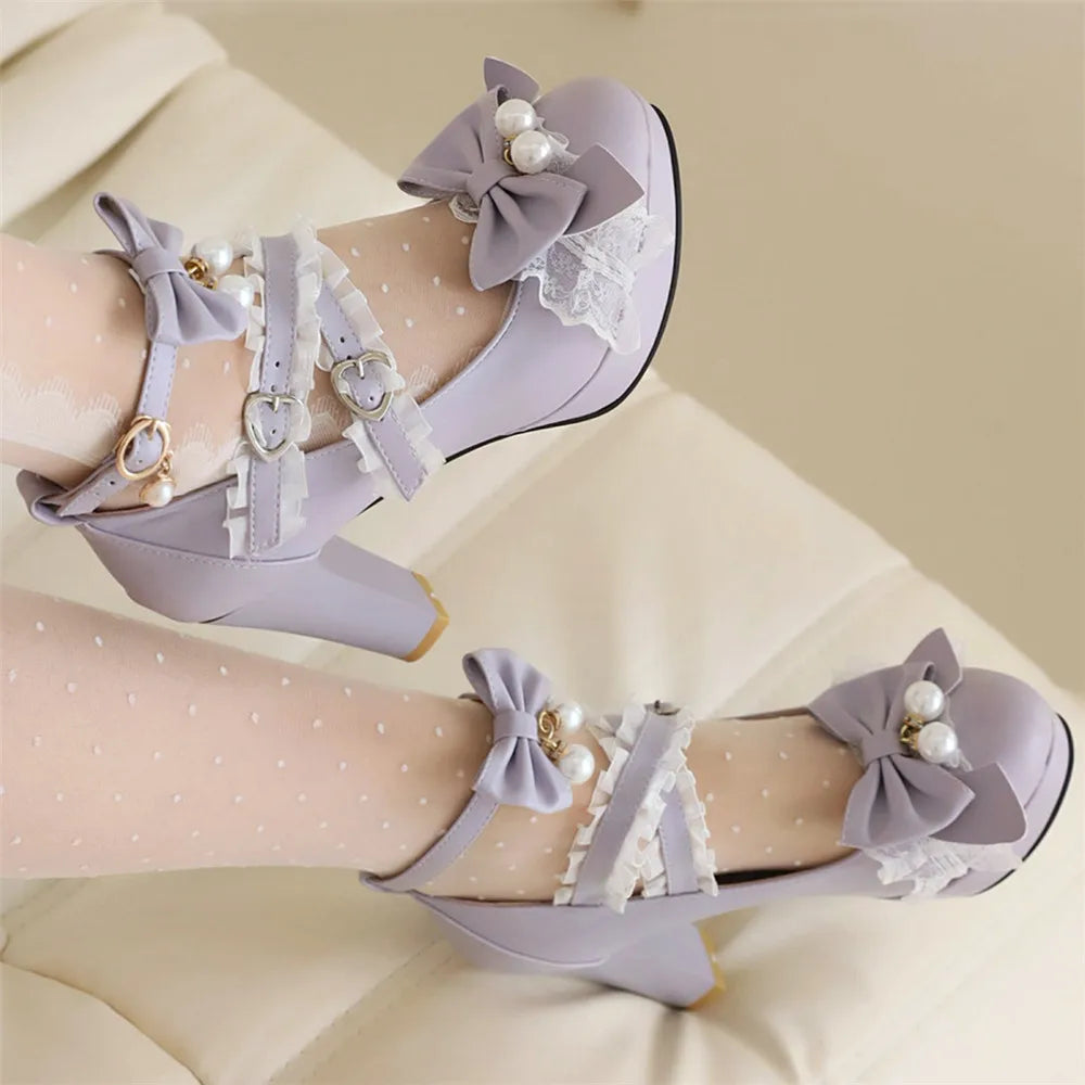 Head Round Shoes 33-43 Lace Pearl Heels - Lolita Bow