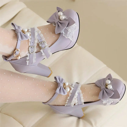 Head Round Shoes 33-43 Lace Pearl Heels - Lolita Bow