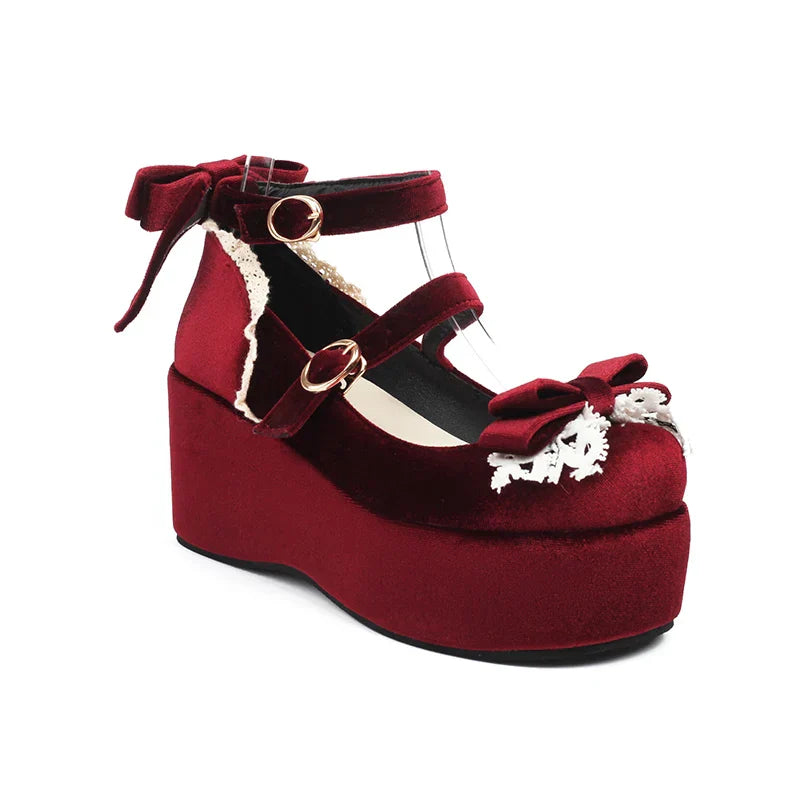 Bow 34-45 Shoes Sponge - Lace Flock Lolita Heels Cake Frosted