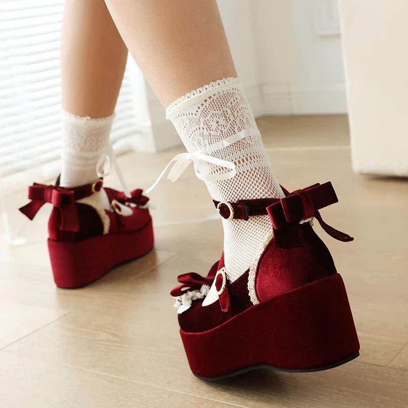 Bow 34-45 Shoes Sponge - Lace Flock Lolita Heels Cake Frosted