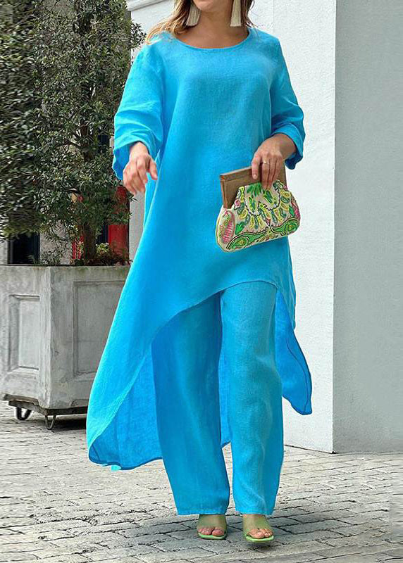 Simple Baby Blue Asymmetrical Patchwork Top And Wide Leg Pants Two Pieces Set Half Sleeve