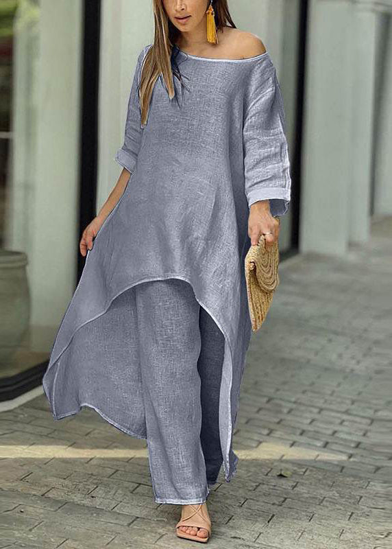 Simple Baby Blue Asymmetrical Patchwork Top And Wide Leg Pants Two Pieces Set Half Sleeve