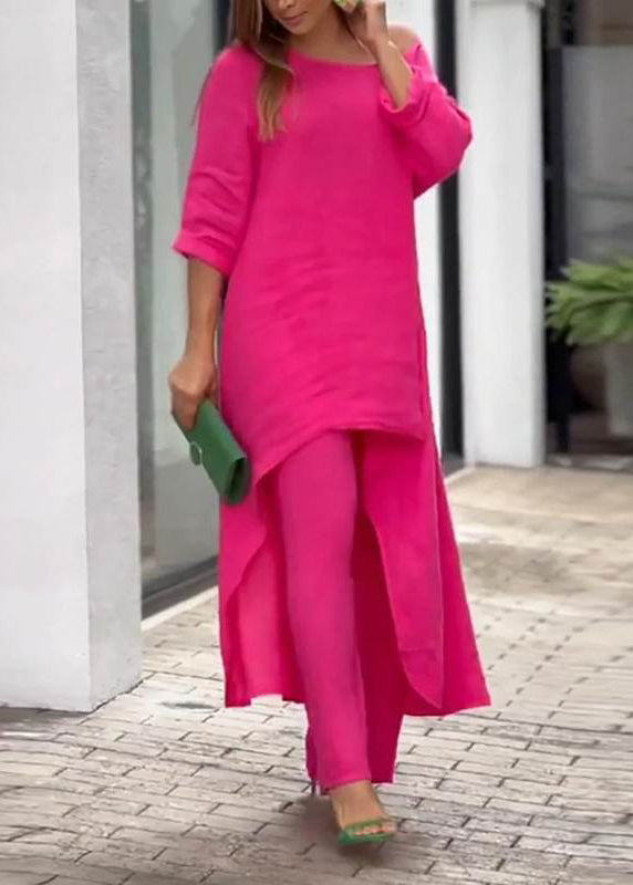 Simple Baby Blue Asymmetrical Patchwork Top And Wide Leg Pants Two Pieces Set Half Sleeve