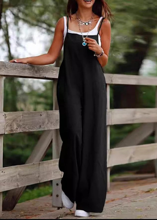 Simple Black Patchwork Slash Neck Wide Leg Jumpsuit Summer