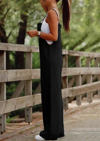 Simple Black Patchwork Slash Neck Wide Leg Jumpsuit Summer