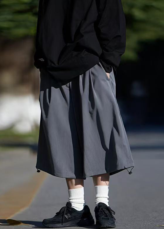 Simple Grey Pockets Drawstring Ice Silk Men Crop Pants Summer