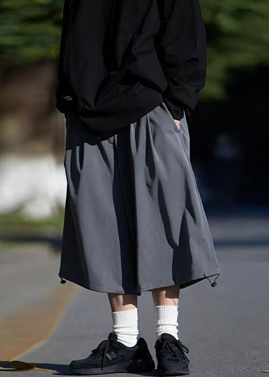 Simple Grey Pockets Drawstring Ice Silk Men Crop Pants Summer
